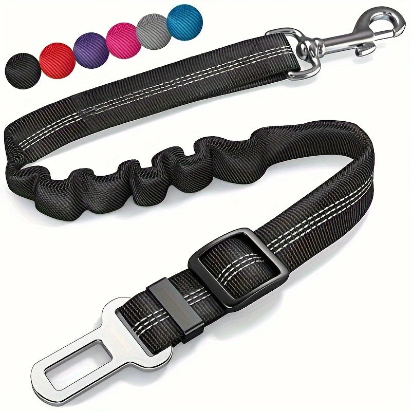 Black dog leash with metal clip and car seat belt adapter