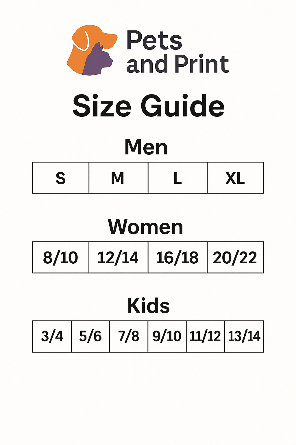 pets and print  t shirt size guide