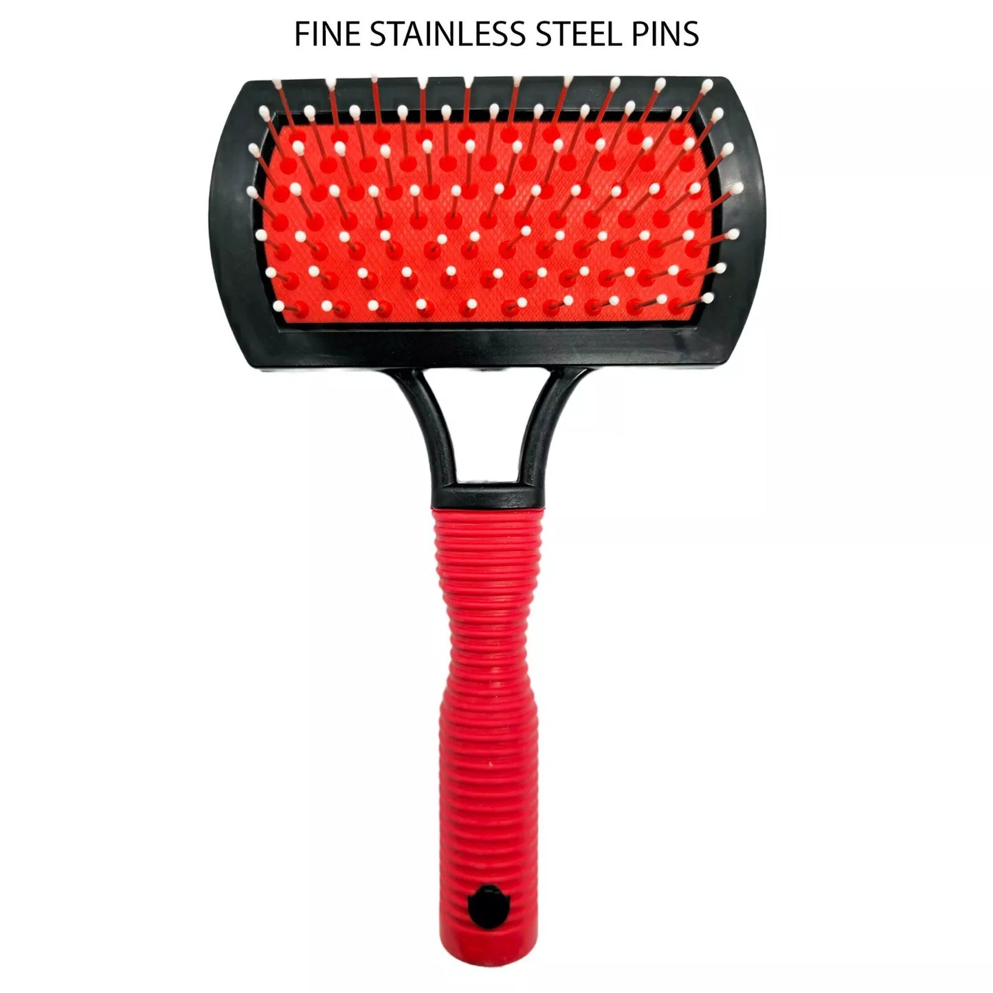 Red pet grooming brush with black handle and red bristle pad