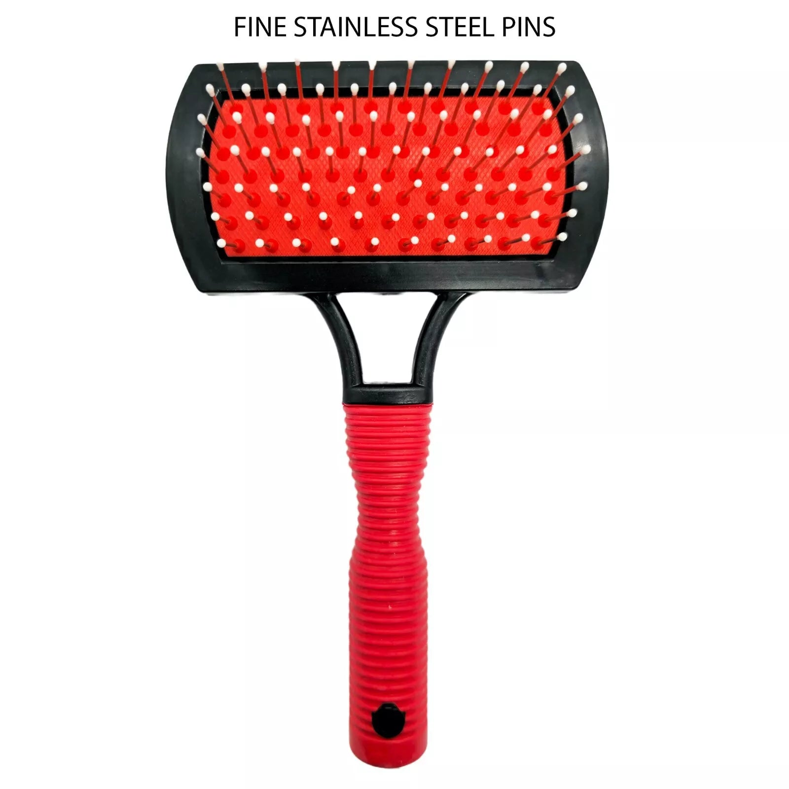 Red pet grooming brush with black handle and red bristle pad
