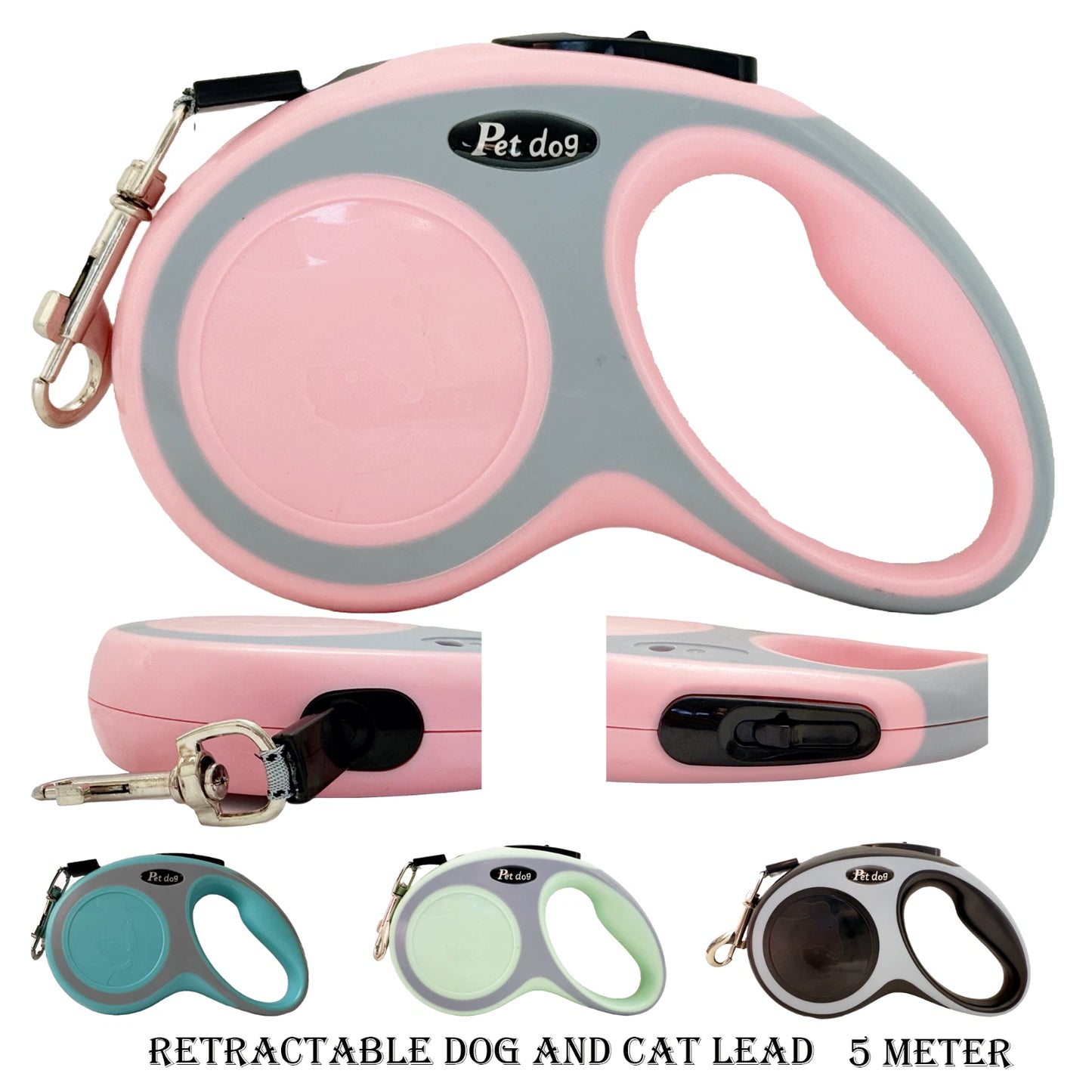 Retractable dog and cat lead pink and gray