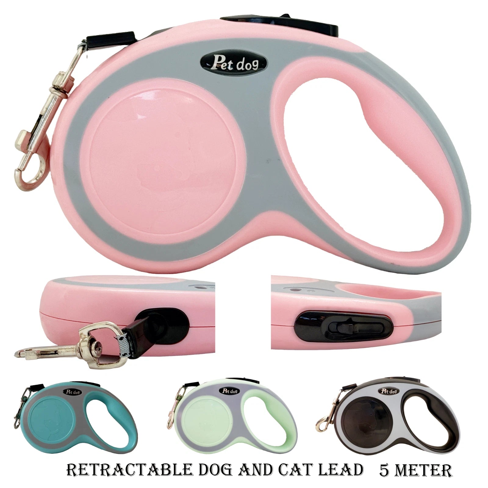 Retractable dog and cat lead pink and gray