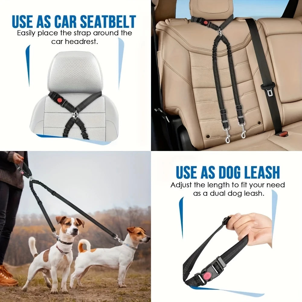 Headrest-mounted dog seat belt with bungee and reflective stitching plus